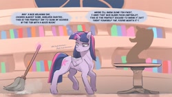 Size: 1192x671 | Tagged: safe, artist:icychamber, character:twilight sparkle, character:twilight sparkle (alicorn), species:alicorn, species:pony, comic:the point, broom, cleaning, dialogue, female, golden oaks library, magic, mare, solo, speech bubble, sweeping, telekinesis