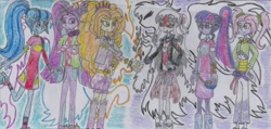 Size: 2482x1182 | Tagged: safe, artist:nephilim rider, character:adagio dazzle, character:aria blaze, character:sonata dusk, character:twilight sparkle, character:twilight sparkle (scitwi), oc, oc:heaven lost, oc:lila lovely, species:eqg human, equestria girls:sunset's backstage pass, g4, my little pony: equestria girls, my little pony:equestria girls, spoiler:eqg series (season 2), traditional art