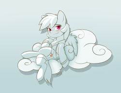 Size: 1300x1000 | Tagged: safe, artist:iloota, character:rainbow dash, species:pegasus, species:pony, blushing, chest fluff, clothing, cloud, female, hoodie, looking at you, mare, pants, sitting, smiling, socks, solo