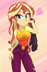 Size: 520x800 | Tagged: safe, artist:ta-na, character:sunset shimmer, equestria girls:sunset's backstage pass, g4, my little pony: equestria girls, my little pony:equestria girls, spoiler:eqg series (season 2), clothing, cute, female, jacket, shimmerbetes, sleeveless, sliding background, smiling, smiling at you, solo