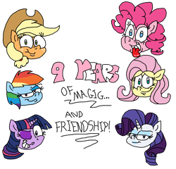 Size: 1250x1200 | Tagged: safe, artist:dragonboi471, character:applejack, character:fluttershy, character:pinkie pie, character:rainbow dash, character:rarity, character:twilight sparkle, species:pony, happy birthday mlp:fim, mane six, mlp fim's ninth anniversary, simple background, transparent background