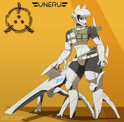 Size: 2950x2900 | Tagged: safe, artist:mopyr, oc, oc only, species:anthro, armor, biomechanoid, clothing, cyborg, design, genderless, gloves, gun, long gloves, muscles, original species, robot, science fiction, simple background, solo, tactical vest, weapon