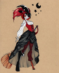 Size: 3398x4214 | Tagged: safe, artist:divinekitten, oc, oc only, oc:jacky, species:anthro, amputee, boots, broom, clothing, eyepatch, female, hat, moon, pirate, red eyes, shoes, stars, sword, traditional art, weapon, witch, witch hat