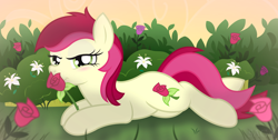 Size: 6000x3015 | Tagged: safe, artist:icaron, character:roseluck, species:earth pony, species:pony, g4, background pony, bush, female, flower, lily (flower), mare, plant, prone, rose, show accurate, smelling, sniffing, solo