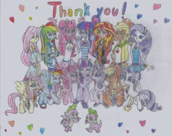 Size: 2474x1962 | Tagged: safe, artist:nephilim rider, character:applejack, character:fluttershy, character:pinkie pie, character:rainbow dash, character:rarity, character:spike, character:spike (dog), character:starlight glimmer, character:sunset shimmer, character:twilight sparkle, character:twilight sparkle (alicorn), character:twilight sparkle (scitwi), species:alicorn, species:dog, species:dragon, species:eqg human, species:pony, g4, my little pony: equestria girls, my little pony:equestria girls, end of ponies, happy birthday mlp:fim, mane six, mlp fim's ninth anniversary, my little pony, thank you, traditional art, winged spike