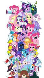 Size: 3081x5450 | Tagged: safe, artist:sonofaskywalker, character:angel bunny, character:applejack, character:cayenne, character:cozy glow, character:fluttershy, character:lighthoof, character:pinkie pie, character:princess ember, character:princess luna, character:queen chrysalis, character:rainbow dash, character:rarity, character:shimmy shake, character:silverstream, character:spike, character:sweetie belle, character:twilight sparkle, character:twilight sparkle (alicorn), character:yona, species:alicorn, species:pony, episode:2-4-6 greaaat, episode:a horse shoe-in, episode:a trivial pursuit, episode:between dark and dawn, episode:common ground, episode:daring doubt, episode:dragon dropped, episode:frenemies, episode:going to seed, episode:growing up is hard to do, episode:she talks to angel, episode:she's all yak, episode:sparkle's seven, episode:student counsel, episode:sweet and smoky, episode:the beginning of the end, episode:the big mac question, episode:the ending of the end, episode:the last crusade, episode:the last problem, episode:the point of no return, episode:the summer sun setback, episode:uprooted, g4, my little pony: friendship is magic, bush, cape, clothing, detective rarity, eyes closed, hat, mane seven, mane six, open mouth, pony pile, scrunchy face, tower of pony, trixie's cape, trixie's hat