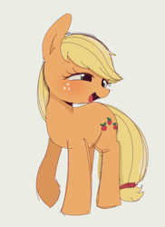 Size: 744x1024 | Tagged: safe, artist:manachaaaaaaaa, character:applejack, species:earth pony, species:pony, cute, female, gray background, hatless, jackabetes, mare, missing accessory, open mouth, pixiv, simple background, solo
