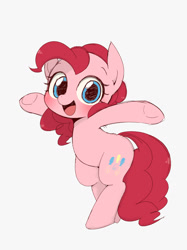 Size: 1024x1366 | Tagged: safe, artist:manachaaaaaaaa, character:pinkie pie, species:earth pony, species:pony, bipedal, cute, diapinkes, female, gray background, mare, open mouth, pixiv, simple background, solo, underhoof