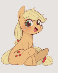 Size: 965x1218 | Tagged: safe, artist:manachaaaaaaaa, character:applejack, species:earth pony, species:pony, cute, dawwww, female, gray background, hatless, jackabetes, looking at you, mare, missing accessory, open mouth, pixiv, simple background, sitting, smiling, solo, white background