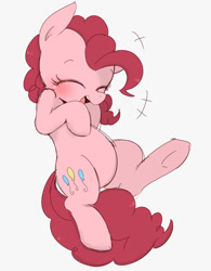Size: 818x1049 | Tagged: safe, artist:manachaaaaaaaa, character:pinkie pie, species:earth pony, species:pony, blushing, cute, diapinkes, eyes closed, female, gray background, happy, mare, open mouth, pixiv, simple background, solo