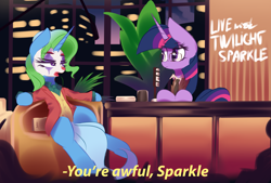 Size: 4037x2721 | Tagged: safe, artist:nevobaster, character:trixie, character:twilight sparkle, species:pony, species:unicorn, arthur fleck, chair, city, clothing, crossover, eyeshadow, face paint, female, flower, frown, glare, glasses, joker (2019), lidded eyes, makeup, mare, movie, murray franklin, necktie, parody, ponified, reference, sitting, suit, table, the joker, this will end in death, this will end in tears, this will end in tears and/or death, wide eyes