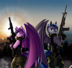 Size: 1754x1646 | Tagged: safe, artist:lifejoyart, oc, oc only, oc:battica, oc:eerie eclipse, species:alicorn, species:anthro, species:bat pony, species:pony, anthro oc, bat pony alicorn, bat pony oc, belt, camouflage, clothing, commission, duo, ear fluff, eotech, female, freckles, galil, gloves, gun, handgun, holster, looking at you, m4, male, mountain, one eye closed, pants, pistol, sky, smiling, soldier, sun, suppressor, tree, underwear, uniform, weapon, wink, ych result