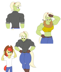 Size: 2808x3328 | Tagged: safe, artist:matchstickman, character:bright mac, character:granny smith, species:anthro, species:earth pony, species:plantigrade anthro, species:pony, abs, armpits, back muscles, biceps, boots, breasts, bright mac's hat, busty granny smith, clothing, deltoids, duo, female, gloves, granny smash, jeans, male, mare, midriff, mother and son, muscles, pants, shirt, shoes, simple background, sweat, white background, yoke, young granny smith, younger