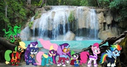 Size: 4096x2160 | Tagged: safe, artist:kayman13, character:applejack, character:fili-second, character:fluttershy, character:humdrum, character:mane-iac, character:masked matter-horn, character:mistress marevelous, character:pinkie pie, character:radiance, character:rainbow dash, character:rarity, character:saddle rager, character:spike, character:twilight sparkle, character:twilight sparkle (alicorn), character:zapp, species:alicorn, species:pony, episode:power ponies, g4, my little pony: friendship is magic, irl, looking at each other, looking at you, looking up, mane seven, mane six, photo, ponies in real life, smiling, water, waterfall