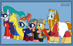 Size: 6000x3737 | Tagged: safe, artist:eagc7, character:flash magnus, character:meadowbrook, character:mistmane, character:rockhoof, character:somnambula, character:star swirl the bearded, species:earth pony, species:pegasus, species:pony, species:unicorn, g4, alan scott, beard, billy batson, black canary, cape, captain marvel, clothing, commission, costume, dc comics, dinah lance, doctor fate, facial hair, female, green lantern, hat, jacket, jay garrick, justice society of america, ko-fi, male, mare, name joke, patreon, pillars of equestria, ring, shazam, shoes, simple background, stallion, stargirl, the flash