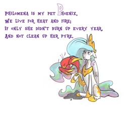 Size: 942x848 | Tagged: safe, artist:frankilew, character:philomena, character:princess celestia, species:alicorn, species:bird, species:phoenix, species:pony, ash, celestia abc, celestia is not amused, crown, duo, ethereal mane, eyes closed, female, floppy ears, hoof shoes, jewelry, mare, peytral, regalia, rhyme, simple background, sitting, unamused, white background