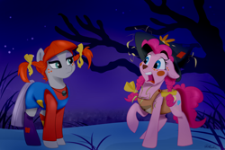 Size: 3000x2000 | Tagged: safe, artist:rutkotka, character:maud pie, character:pinkie pie, species:earth pony, species:pony, clothing, costume, creepy, female, funny, halloween, halloween costume, holiday, mare, pie sisters, pippi longstocking, raised hoof, scarecrow, scared, siblings, sisters, stare