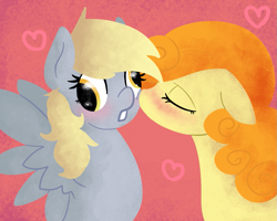 Size: 963x770 | Tagged: safe, artist:robynne, character:carrot top, character:derpy hooves, character:golden harvest, ship:derpytop, blushing, ditzy doo, kissing, shipping