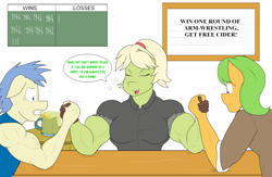 Size: 2524x1648 | Tagged: safe, artist:matchstickman, character:granny smith, species:anthro, species:pony, arm wrestling, board, breasts, busty granny smith, clothing, digital art, drunk, eyes closed, female, granny smash, male, mare, muscles, shirt, smiling, stallion, young granny smith, younger