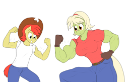 Size: 2524x1648 | Tagged: safe, artist:matchstickman, character:bright mac, character:granny smith, species:anthro, species:earth pony, species:pony, clothing, cowboy hat, digital art, female, flexing, granny smash, hat, male, mare, mother and son, muscles, pants, shirt, simple background, smiling, stetson, young granny smith, younger