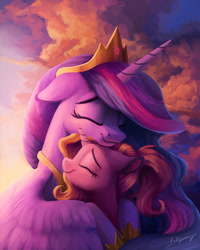 Size: 1200x1500 | Tagged: safe, artist:lollipony, character:luster dawn, character:twilight sparkle, character:twilight sparkle (alicorn), species:alicorn, species:pony, species:unicorn, episode:the last problem, g4, my little pony: friendship is magic, beautiful, cute, digital art, duo, eyes closed, female, floppy ears, heartwarming, hug, lusterbetes, mama twilight, mare, motherly, princess twilight 2.0, smiling, twiabetes, winghug