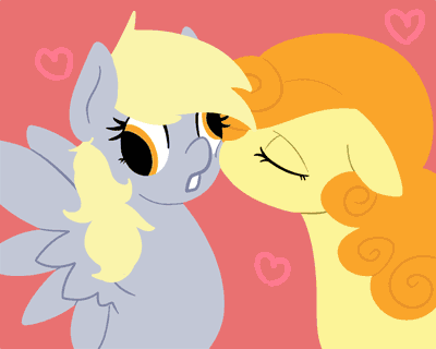 Size: 400x320 | Tagged: safe, artist:robynne, character:carrot top, character:derpy hooves, character:golden harvest, species:earth pony, species:pegasus, species:pony, ship:derpytop, animated, female, lesbian, mare, shipping