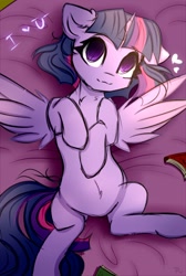 Size: 1280x1908 | Tagged: safe, artist:radioaxi, character:twilight sparkle, character:twilight sparkle (alicorn), species:alicorn, species:pony, bed, book, cute, ear fluff, female, heart, mare, no pupils, on back, solo, spread wings, twiabetes, wings