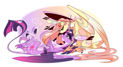 Size: 2383x1312 | Tagged: safe, artist:marbola, character:fluttershy, character:twilight sparkle, character:twilight sparkle (alicorn), species:alicorn, species:pegasus, species:pony, ship:twishy, digital art, female, leonine tail, lesbian, looking at each other, mare, on back, pale belly, shipping, sitting, smiling, unshorn fetlocks