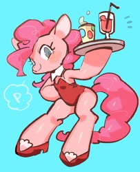 Size: 2368x2912 | Tagged: safe, artist:mosamosa_n, character:pinkie pie, species:anthro, species:earth pony, species:pony, arm hooves, bipedal, blue background, cute, diapinkes, female, simple background, solo, waitress