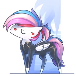 Size: 681x681 | Tagged: safe, artist:justafallingstar, oc, oc only, oc:northstar, species:pegasus, species:pony, chibi, multicolored hair, rainbow hair, rubber suit, solo, sweat, sweating profusely, wetsuit