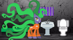 Size: 4340x2370 | Tagged: safe, artist:kayman13, character:mane-iac, species:pony, bars, bed, cell, clothing, female, grin, jail, looking at you, mare, prison, prison outfit, sink, smiling, toilet, window