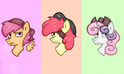 Size: 1362x818 | Tagged: safe, artist:hunterthewastelander, character:apple bloom, character:scootaloo, character:sweetie belle, species:earth pony, species:pegasus, species:pony, species:unicorn, bandana, bust, clothing, cutie mark crusaders, eyepatch, female, filly, floating wings, frown, hat, palindrome get, pirate, pirate hat, wings