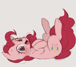 Size: 974x866 | Tagged: safe, artist:manachaaaaaaaa, character:pinkie pie, species:pony, blushing, cute, diapinkes, female, gray background, legs in air, on back, open mouth, pixiv, simple background, solo