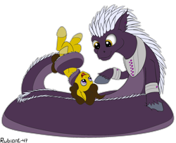 Size: 1478x1200 | Tagged: safe, artist:rubiont, oc, oc:praetura amethyst, oc:terra, species:lamia, species:pony, coils, cute, gay, holding a pony, male, original species, simple background, size difference, squish, subterranean pony, tail, tail wrap, transformation, transparent background, upside down