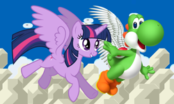Size: 1336x799 | Tagged: safe, artist:decprincess, artist:vg805smashbros, character:twilight sparkle, character:twilight sparkle (alicorn), species:alicorn, species:pony, angel, angelic wings, barely pony related, crossover, dinosaur, flying, nintendo, super mario bros., wings, yoshi, yoshilight