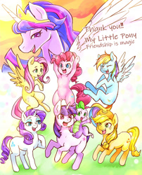 Size: 1200x1484 | Tagged: safe, artist:hobilo, character:applejack, character:fluttershy, character:pinkie pie, character:rainbow dash, character:rarity, character:spike, character:twilight sparkle, character:twilight sparkle (alicorn), character:twilight sparkle (unicorn), species:alicorn, species:dragon, species:earth pony, species:pegasus, species:pony, species:unicorn, episode:the last problem, g4, my little pony: friendship is magic, clothing, cowboy hat, dragons riding ponies, end of ponies, female, flying, hat, male, mane seven, mane six, mare, older, older twilight, open mouth, pixiv, princess twilight 2.0, riding, thank you
