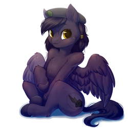 Size: 1900x1900 | Tagged: safe, artist:peachmayflower, edit, oc, oc only, oc:mir, species:pegasus, species:pony, fallout equestria, beret, clothing, commission, cropped, dashite, female, hat, human shoulders, looking at you, mare, simple background, sitting, sticker, transparent background, white outline
