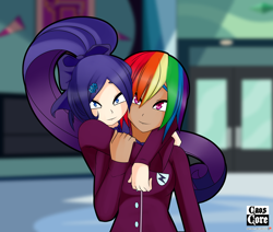 Size: 4000x3390 | Tagged: safe, artist:caoscore, character:rainbow dash, character:rarity, species:human, ship:raridash, my little pony:equestria girls, alternate hairstyle, clothing, crystal prep academy uniform, female, hug, humanized, lesbian, looking at you, school uniform, shipping