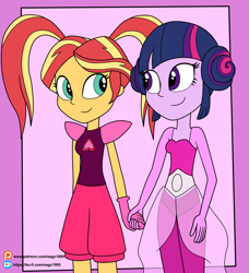 Size: 2377x2605 | Tagged: safe, artist:eagc7, character:sunset shimmer, character:twilight sparkle, ship:sunsetsparkle, my little pony:equestria girls, clothing, commission, cosplay, costume, female, holding hands, ko-fi, lesbian, patreon, pink pearl, shipping, simple background, spinel (steven universe), steven universe