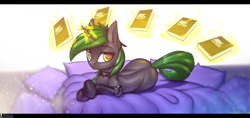 Size: 5260x2480 | Tagged: safe, artist:justafallingstar, oc, oc:soft spring, species:pony, species:unicorn, fallout equestria, fallout equestria: project horizons, book, clothing, collar, fanfic art, glowing horn, horn, lying down, magic, smiling, socks, spine, telekinesis