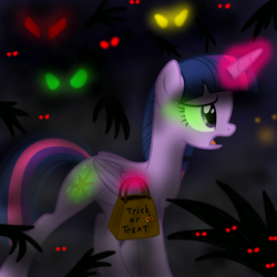 Size: 1000x1000 | Tagged: safe, artist:decprincess, edit, character:twilight sparkle, character:twilight sparkle (alicorn), species:alicorn, species:pony, evil, fog, glowing eyes, halloween, hands behind back, holiday, leaves, nightmare night, scared, shadows, trick or treat, vector