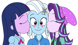 Size: 2976x1741 | Tagged: safe, artist:eagc7, character:starlight glimmer, character:trixie, character:twilight sparkle, ship:startrix, ship:twixie, my little pony:equestria girls, beanie, blushing, clothing, commission, female, hat, kiss on the cheek, kissing, lesbian, polyamory, shipping, simple background, smiling, transparent background, twixstar