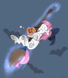 Size: 837x955 | Tagged: safe, artist:rutkotka, oc, oc only, oc:august rain, species:bat, species:earth pony, species:pony, broom, candy, clothing, female, flying, flying broomstick, food, funny, halloween, hat, holiday, magic, mare, prank, scared, solo, telekinesis, witch hat, ych result