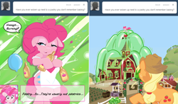 Size: 1002x589 | Tagged: safe, artist:pippy, character:applejack, character:pinkie pie, species:pony, apron, ask, balloon, barn, bottle, clothing, comic, drunkie pie, gelatin, pinkiepieskitchen, sweet apple acres, tumblr