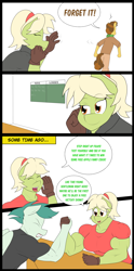 Size: 3168x6376 | Tagged: safe, artist:matchstickman, character:grand pear, character:granny smith, oc, unnamed oc, species:anthro, species:earth pony, species:pegasus, species:pony, comic:free cider, arm wrestling, biceps, breasts, busty granny smith, cider, clothing, comic, deltoids, dialogue, female, flashback, gloves, granny smash, gritted teeth, male, mare, muscles, scoreboard, shirt, simple background, speech bubble, stallion, sweat, trio, white background, young grand pear, young granny smith, younger