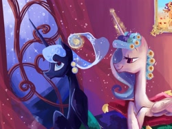 Size: 3448x2586 | Tagged: safe, artist:my-magic-dream, character:princess celestia, character:princess luna, canterlot, cushion, hair curlers, hair styling, indoors, slumber party, window