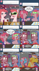 Size: 1002x1832 | Tagged: safe, artist:pippy, artist:telemiscommunications, character:carrot cake, character:cup cake, character:pinkie pie, species:pony, bubble berry, bubbleberry answers, comic, drunk, drunkie pie, oven, pinkiepieskitchen, ponidox, rule 63, self ponidox, sprinkler, wet mane