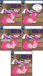 Size: 1002x1772 | Tagged: safe, artist:pippy, character:pinkie pie, character:twilight sparkle, species:pony, apron, clothing, comic, pinkiepieskitchen, prone, sleeping, snoring