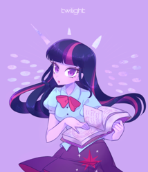Size: 1400x1633 | Tagged: safe, artist:kkmrarar, character:twilight sparkle, my little pony:equestria girls, adorkable, book, clothing, cute, dork, female, looking at you, moe, neck bow, necktie, open mouth, pleated skirt, purple, skirt, solo