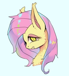 Size: 1138x1259 | Tagged: safe, artist:hosikawa, character:flutterbat, character:fluttershy, species:bat pony, species:pony, bat ponified, bust, chest fluff, fangs, female, looking at you, mare, portrait, race swap, simple background, slit pupils, solo, three quarter view, white background